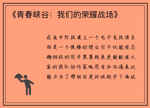 《青春峡谷：我们的荣耀战场》